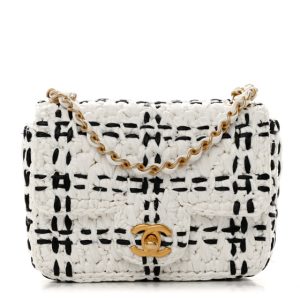 Chanel Raffia Effect Tweedy Mini Flap Bag White Black