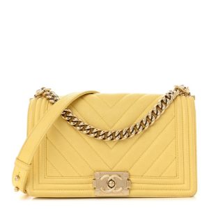 Chanel Caviar Chevron Quilted Medium Boy Flap Yellow