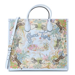 Gucci New Shangai Calfskin Tiger Savanah Textured Calfskin Medium Tote Light Blue Multicolor