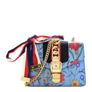 Gucci Shangai Calfskin Web New Flora Mini Sylvie Chain Shoulder Bag Azure