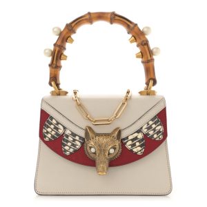 Gucci Goatskin Pearl Mini Fox Broche Bamboo Top Handle Bag Hibiscus Red Mystic White