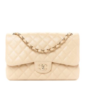 Chanel Iridescent Caviar Quilted Jumbo Double Flap Beige