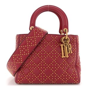 Christian Dior Calfskin Cannage Studded Medium Supple Lady Dior Red
