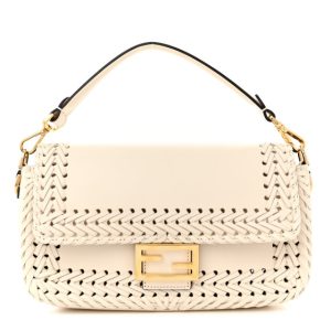 Fendi Vitello King Ceylon Woven Baguette White Ice