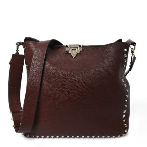 Valentino Garavani Pebbled Calfskin Large Rockstud Flip-Lock Messenger Bag Brown