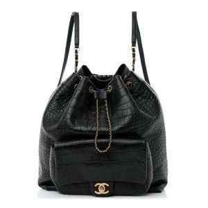 Chanel Calfskin Crocodile Embossed Large Backpack Black