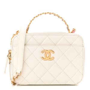 Chanel Shiny Calfskin Quilted Top Handle Vanity Case White