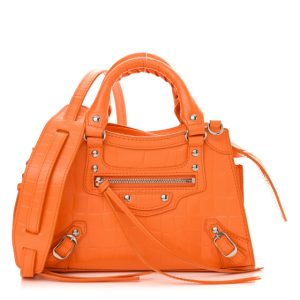Balenciaga Semi Shiny Calfskin Crocodile Embossed Neo Classic Silver Hardware Mini City Orange