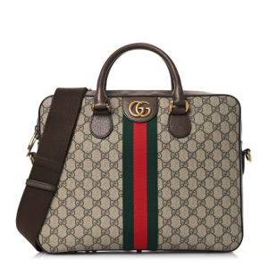 Gucci GG Supreme Monogram Textured Calfskin Web Medium Ophidia Briefcase Beige Ebony New Acero