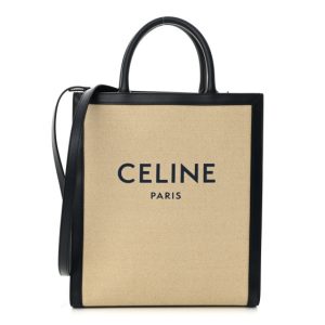 Celine Canvas Calfskin Logo Print Small Vertical Cabas Natural Navy