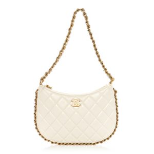 Chanel Shiny Crumpled Lambskin Quilted Chain Around Hobo White
