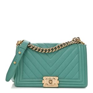 Chanel Caviar Chevron Quilted Medium Boy Flap Green