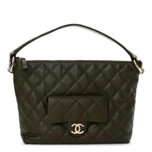 Chanel Calfskin Quilted Coco Mellow Hobo Khaki