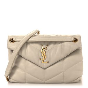 Saint Laurent Lambskin Quilted Small Loulou Puffer Monogram Chain Satchel Blanc Vintage
