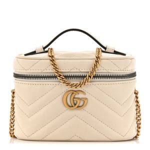Gucci Calfskin Matelasse Chevron Mini GG Marmont Top Handle Bag Mystic White