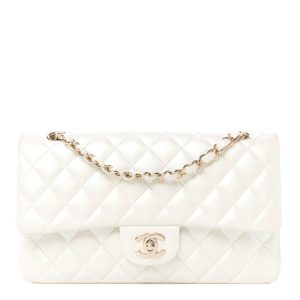 Chanel Iridescent Lambskin Quilted Medium Double Flap Ivory